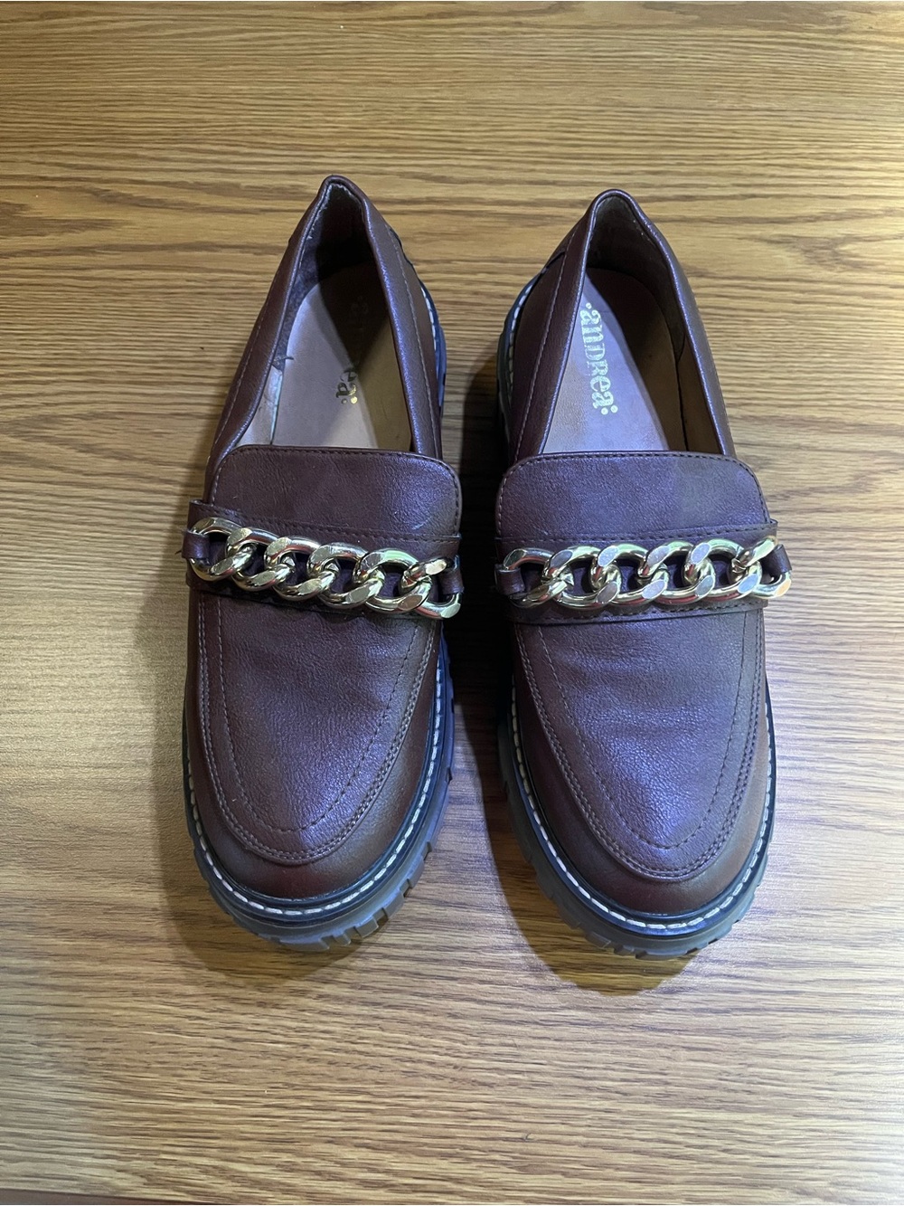 .andrea: Dark Brown Lug Soled Loafers with Gold Chain size 10